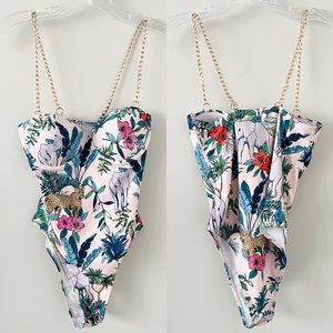 NWOT Pink Tropical Animal Print Bustier Style One Piece Swimsuit Size Small